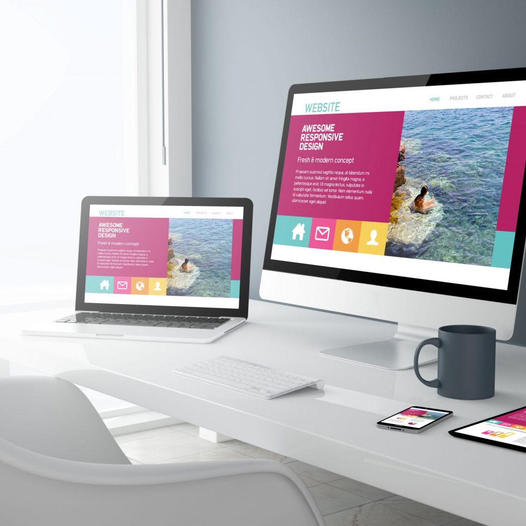 3d rendering of desktop with all devices showing modern design website. All screen graphics are made up.